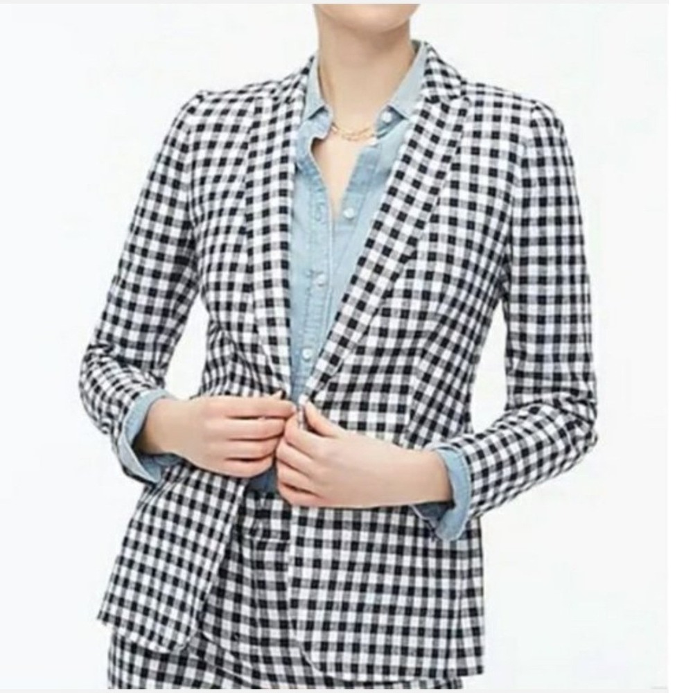 J.Crew Parke Blazer Black White Gingham Linen Cotton Preppy Coastal AW659 Size 4